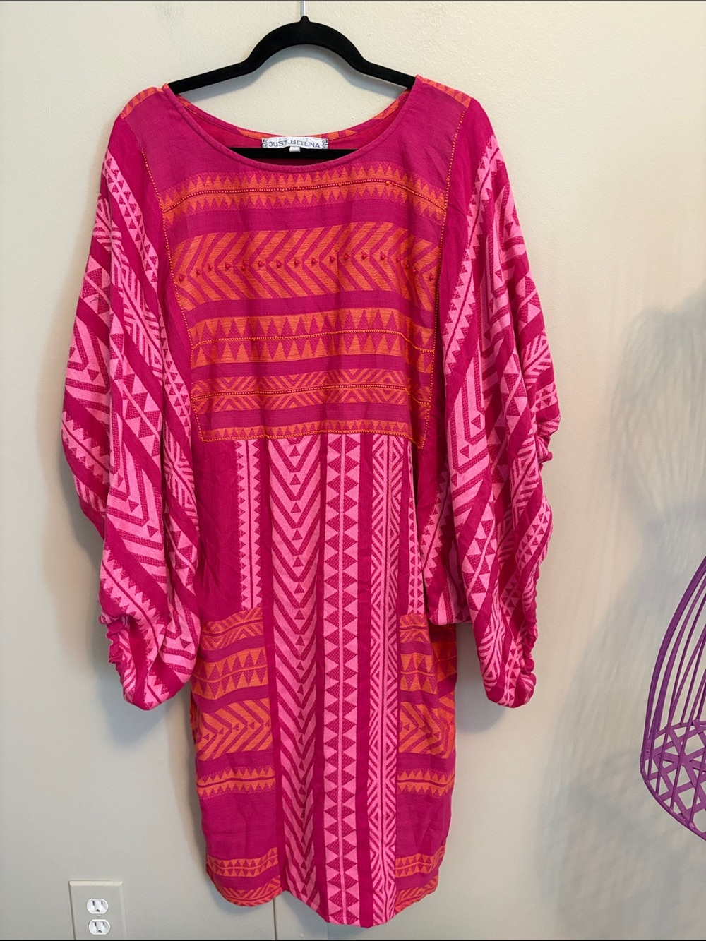 Just Bellina Fuchsia Geometric Cotton Dolman Sleeve Tassel Dress NWOTS